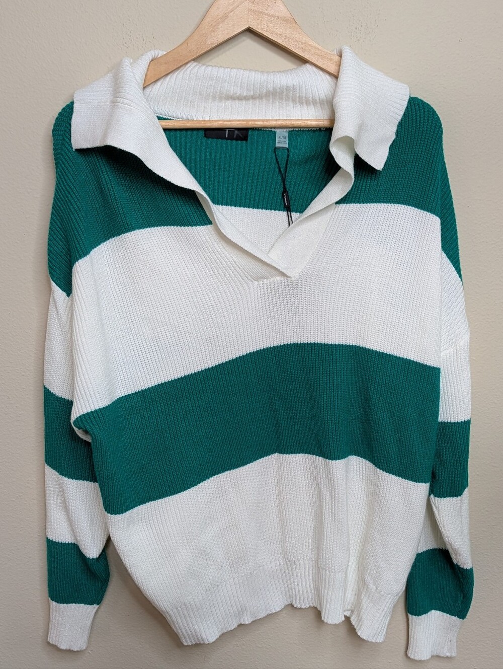 NWT‎ Tahari White Green Stripe Polo Collar Sweater Size XL